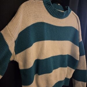 1980s-90s Vintage Interim Teal White Striped Chunky Knit Crewneck Sweater